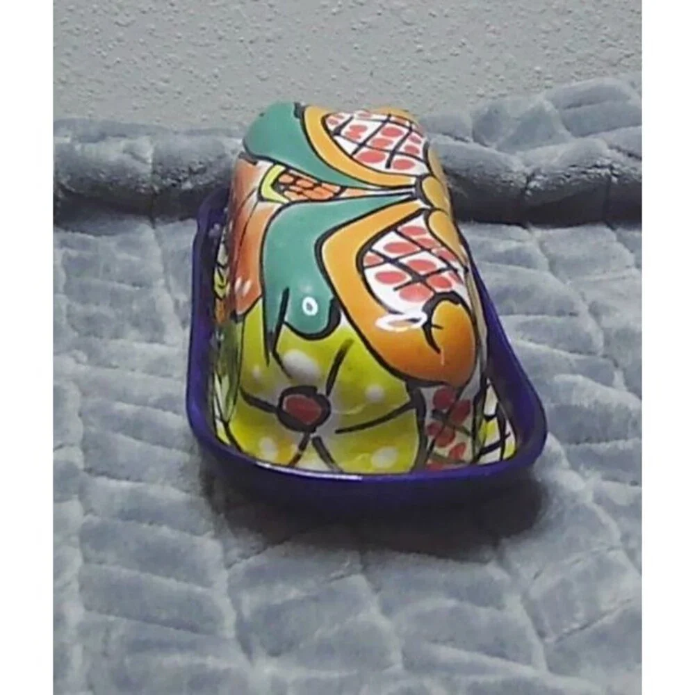 Talavera Butter Dish Hand Painted Floral Folk Art Pottery Mexico 7x3.25x2.5